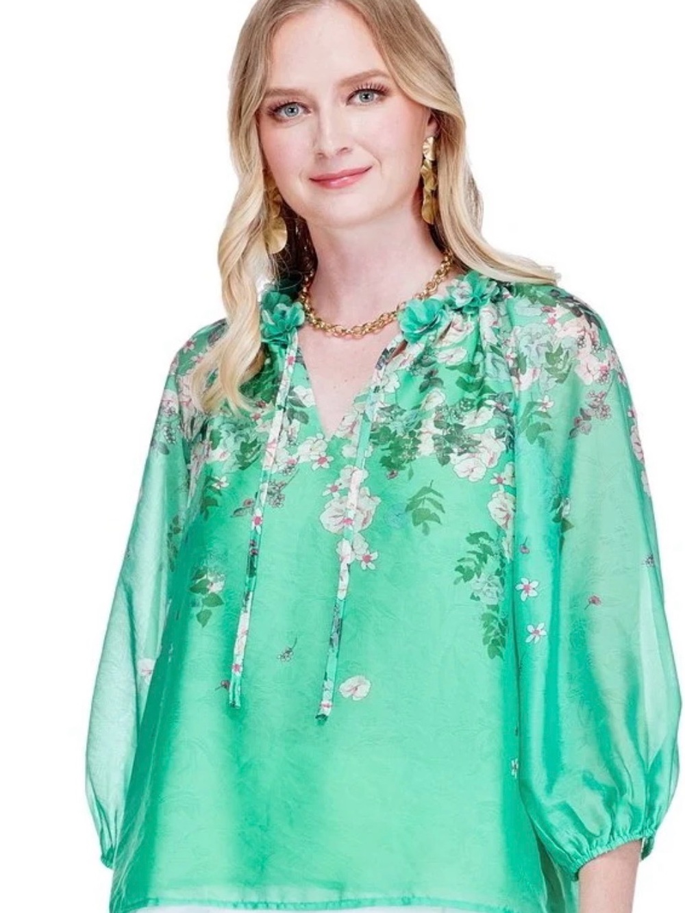 Jade Floral Tie-Detail Mint Green Blouse
